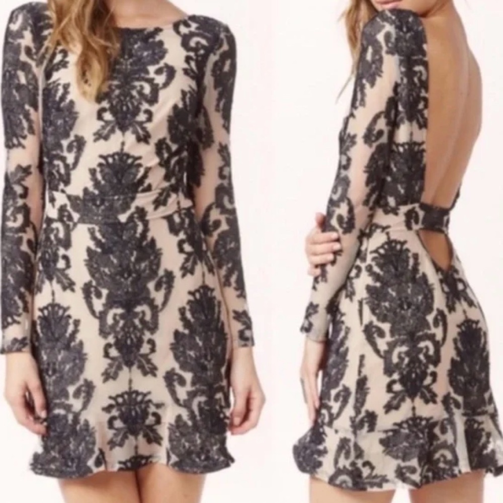 For Love&Lemons Night to Remember Nude+Black Lace, Low Cut Back Mini Dress S